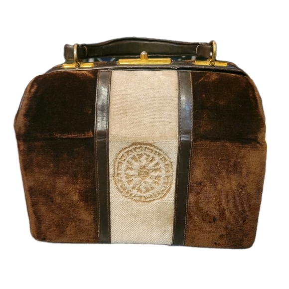 Handbags - Brown and Cream Satchel with Gold-Tone Frame